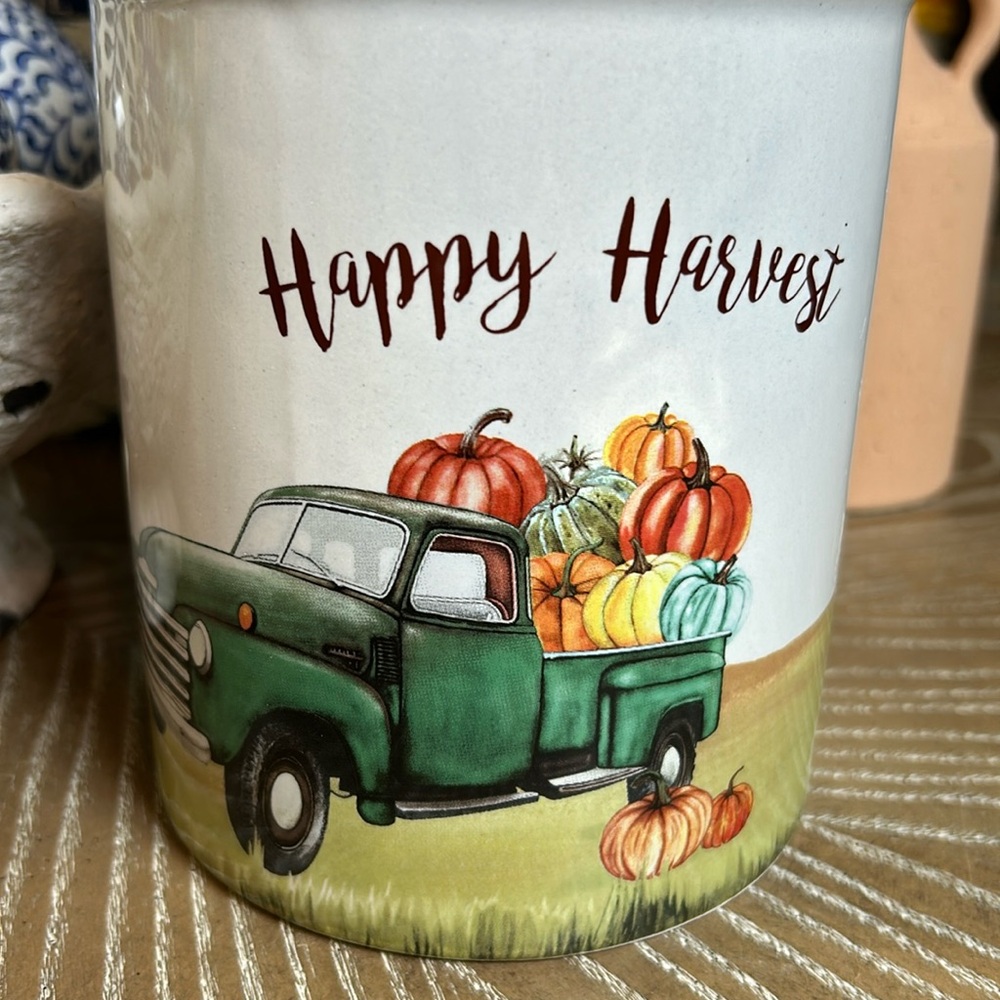 NEW! Fall Harvest Farmhouse Vintage Truck Pumpkin Ceramic Crock Utensil Holder - Picture 4 of 7